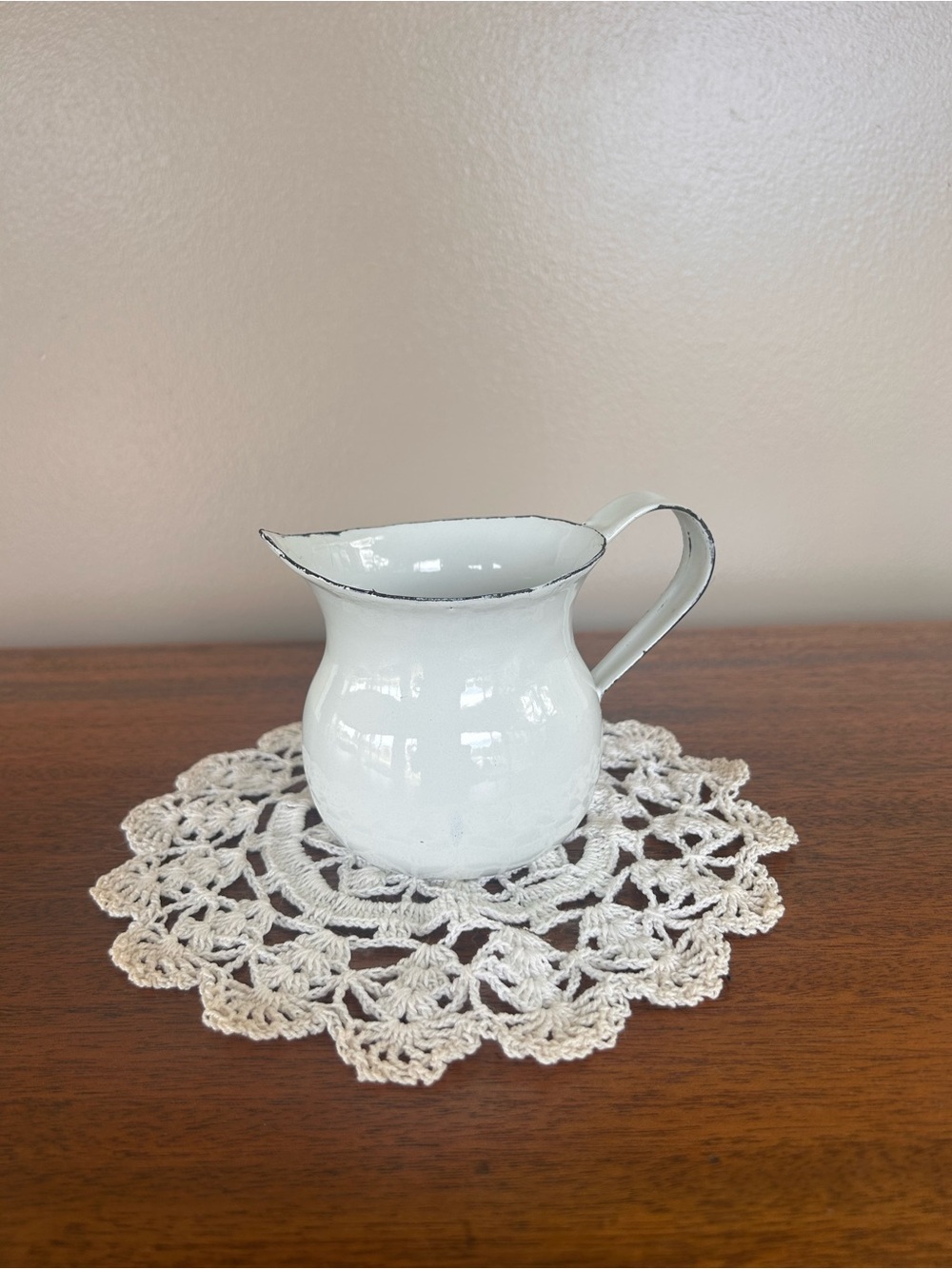Small White Enamel Pitcher w/Black Rim~Vintage Cottagecore